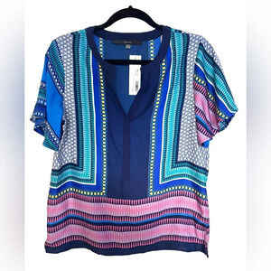 NWT Scarf Print Short-Sleeve Blouse by Fun 2 Fun navy pink teal satin Stitchfix